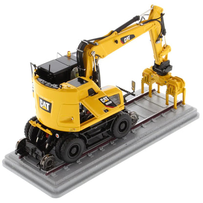 Model of a Caterpillar M323F Railroad Wheeled Excavator - Safety Yellow Version on a White Background