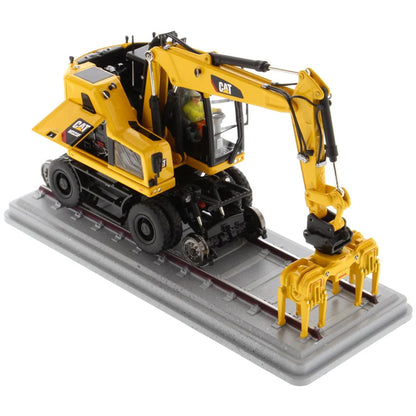 Model of a Caterpillar M323F Railroad Wheeled Excavator - Safety Yellow Version on a White Background