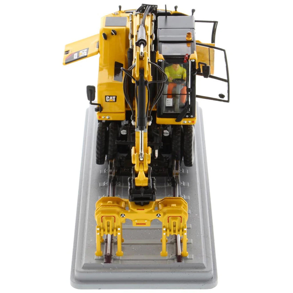 Model of a Caterpillar M323F Railroad Wheeled Excavator - Safety Yellow Version on a White Background