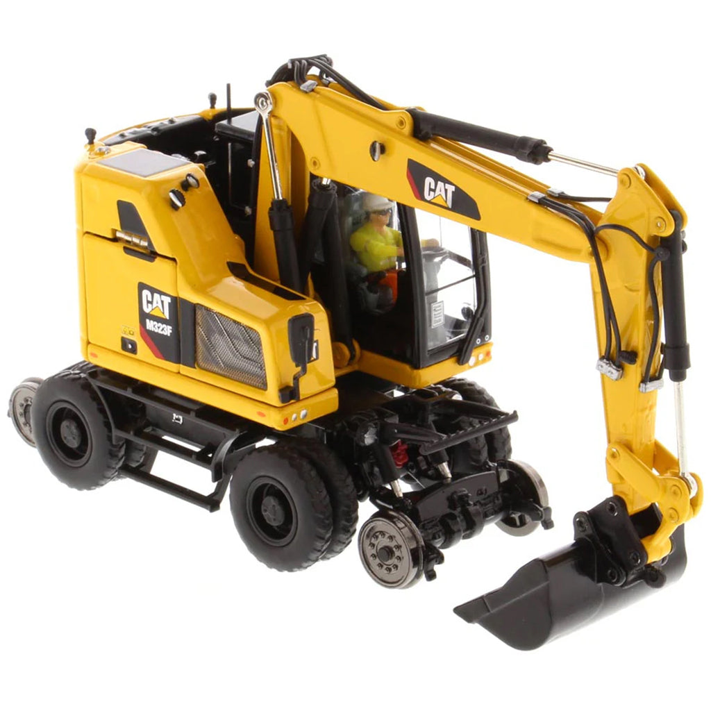 Model of a Caterpillar M323F Railroad Wheeled Excavator - Safety Yellow Version on a White Background