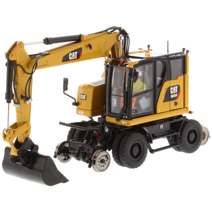 Model of a Caterpillar M323F Railroad Wheeled Excavator - CAT Yellow Version on a White Background