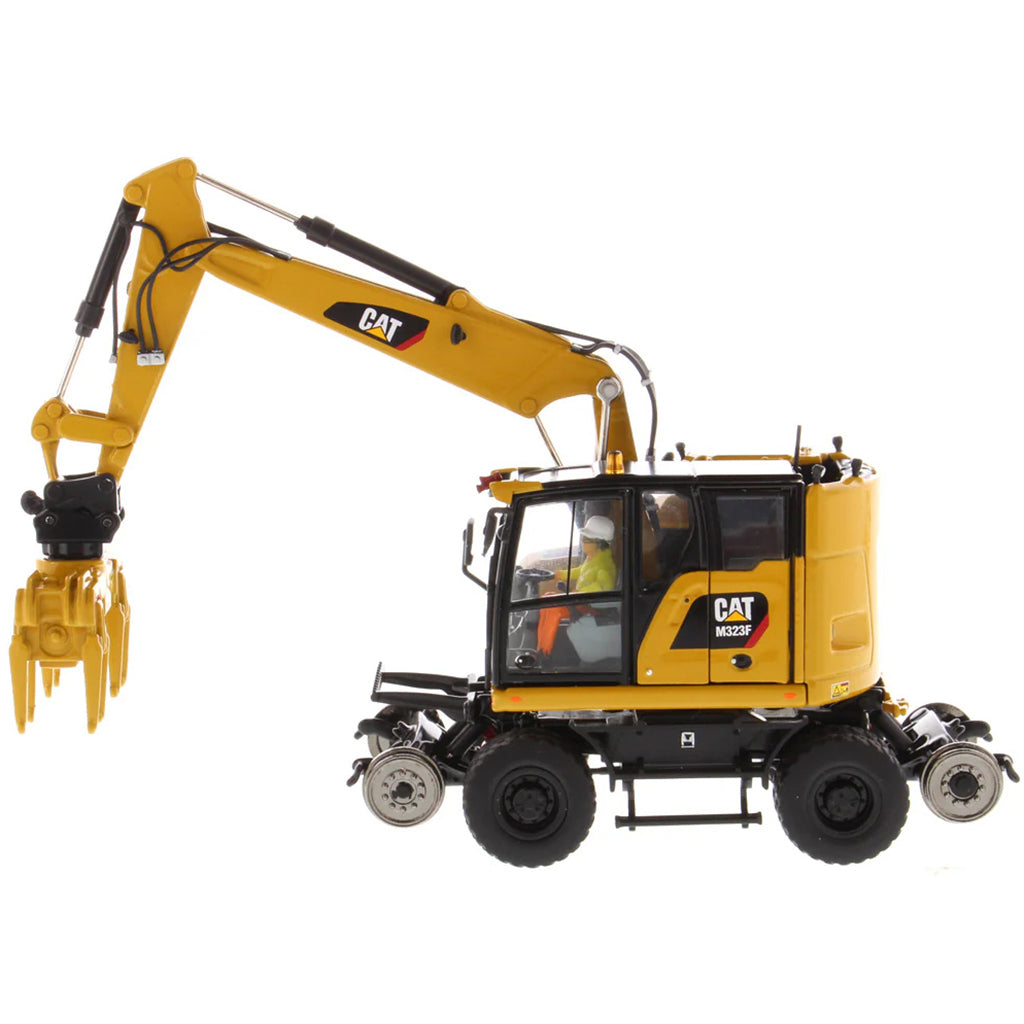 Model of a Caterpillar M323F Railroad Wheeled Excavator - CAT Yellow Version on a White Background
