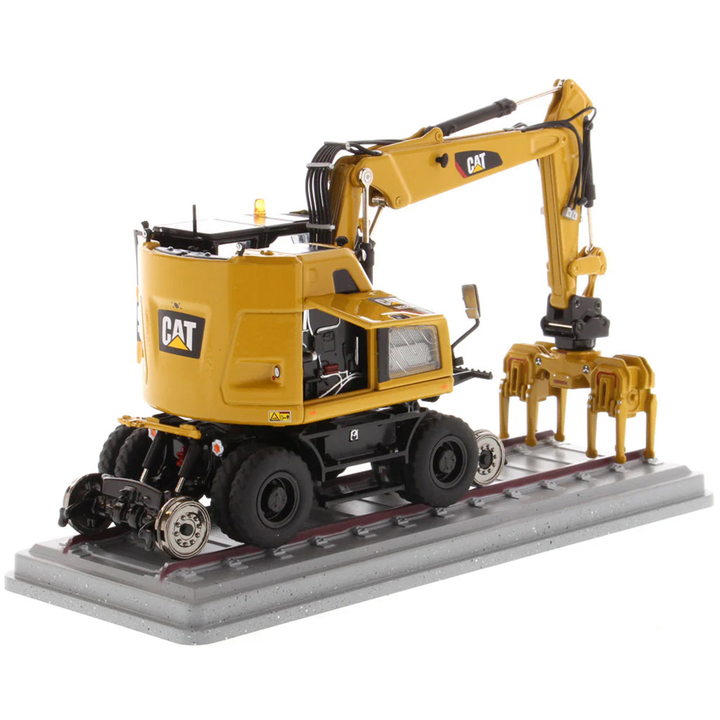 Model of a Caterpillar M323F Railroad Wheeled Excavator - CAT Yellow Version on a White Background
