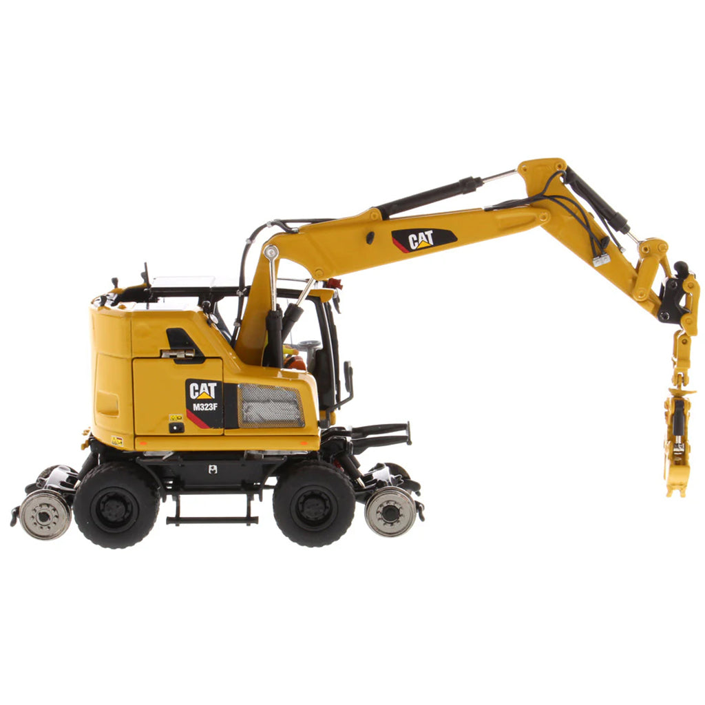 Model of a Caterpillar M323F Railroad Wheeled Excavator - CAT Yellow Version on a White Background