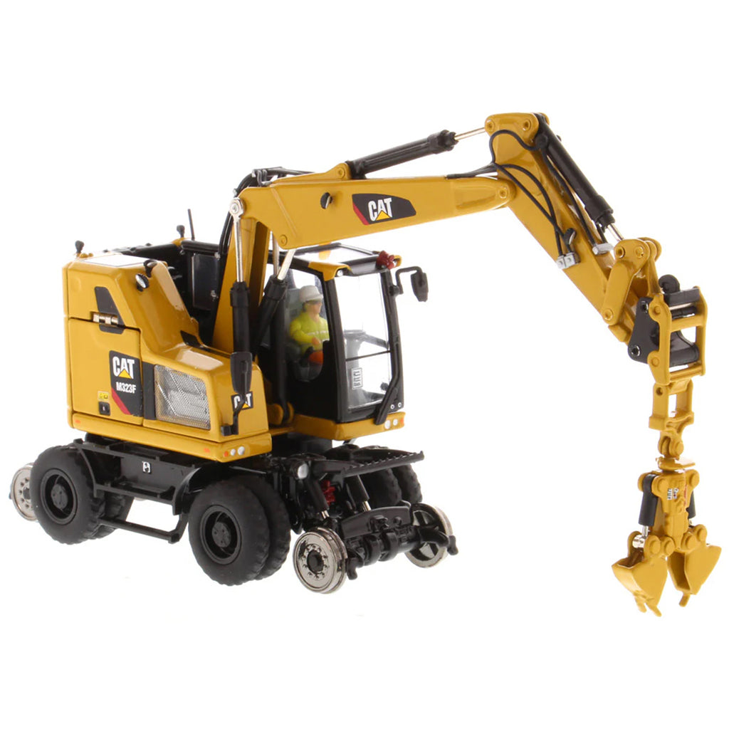 Model of a Caterpillar M323F Railroad Wheeled Excavator - CAT Yellow Version on a White Background
