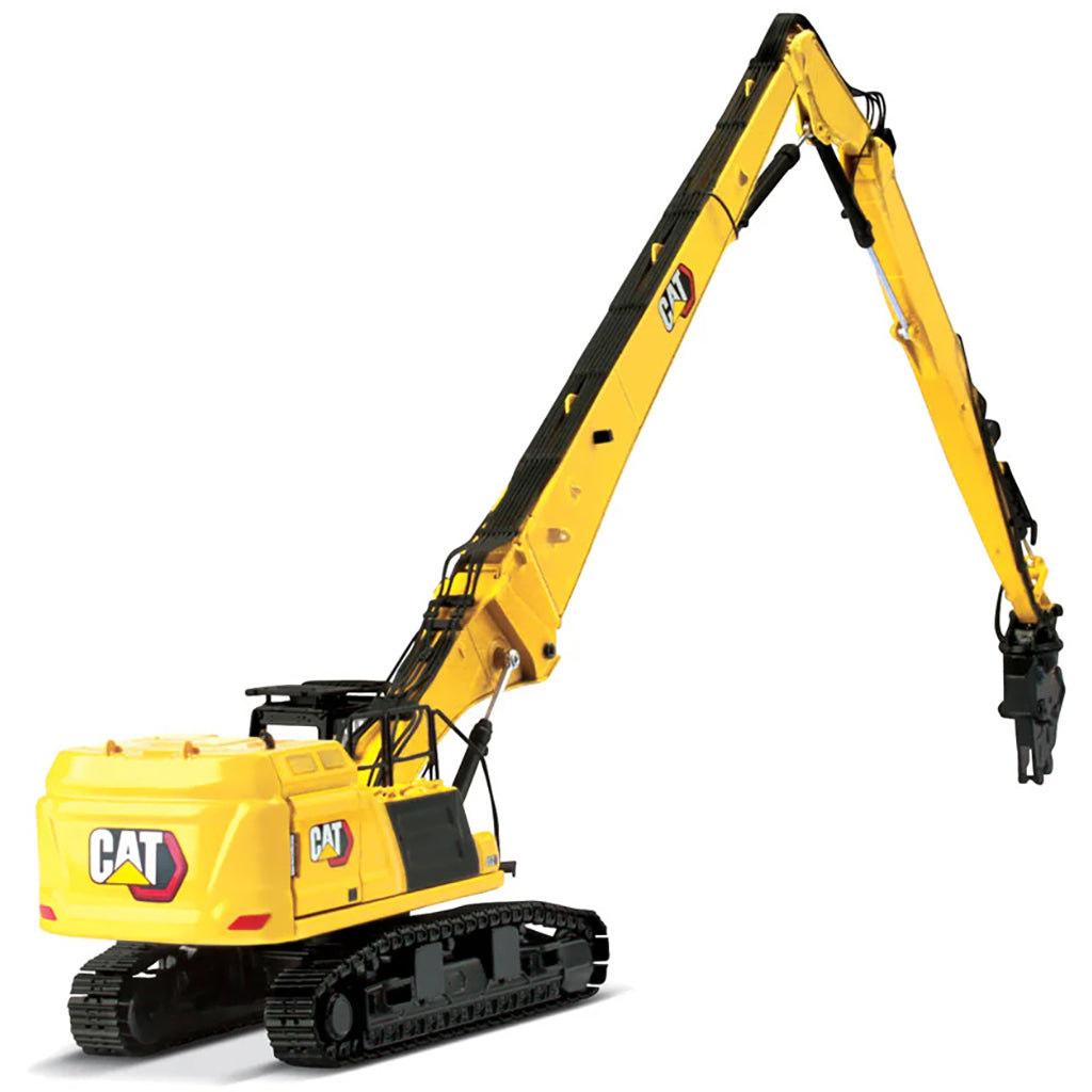 Model of a Caterpillar 352UHD Ultra High Demolition Hydraulic Excavator on a White Background