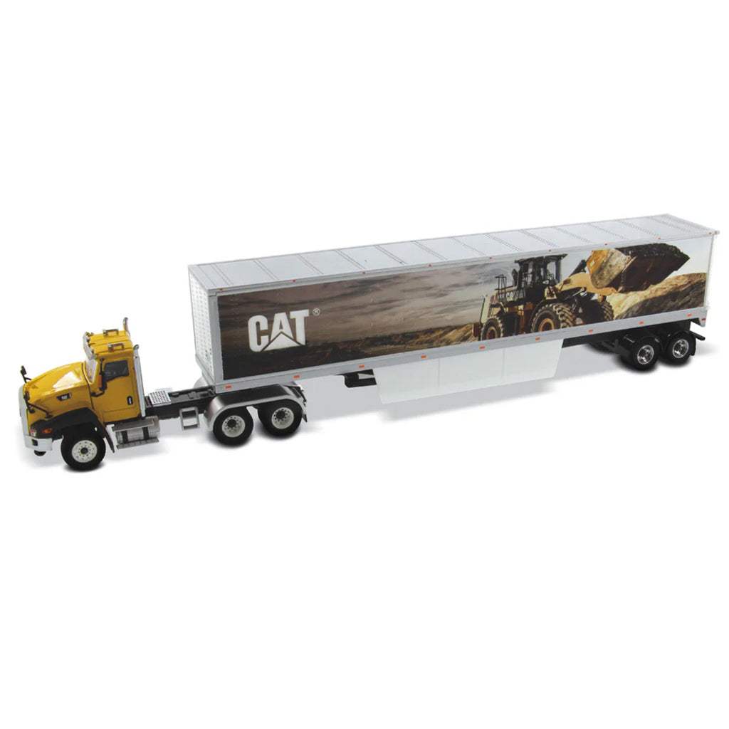 Model of a Caterpillar CT660 On-Highway Truck w/Dry Van Trailer "CAT Wheel Loader Mural" on a White background