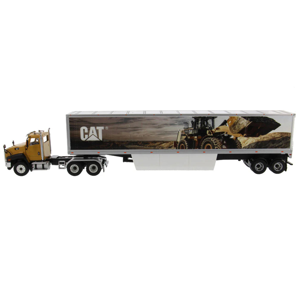 Model of a Caterpillar CT660 On-Highway Truck w/Dry Van Trailer "CAT Wheel Loader Mural" on a White background