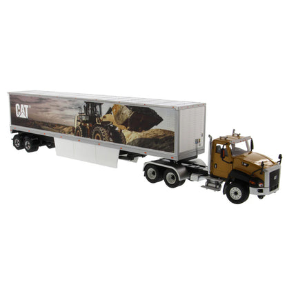 Model of a Caterpillar CT660 On-Highway Truck w/Dry Van Trailer "CAT Wheel Loader Mural" on a White background