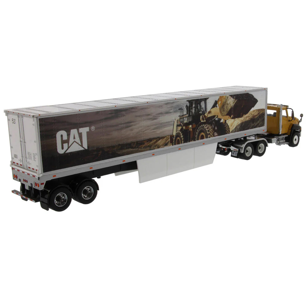 Model of a Caterpillar CT660 On-Highway Truck w/Dry Van Trailer "CAT Wheel Loader Mural" on a White background
