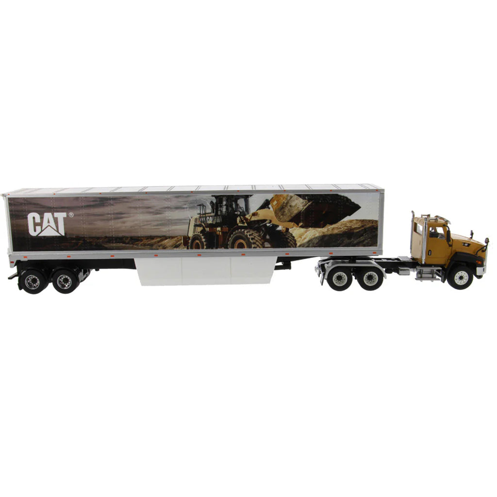 Model of a Caterpillar CT660 On-Highway Truck w/Dry Van Trailer "CAT Wheel Loader Mural" on a White background
