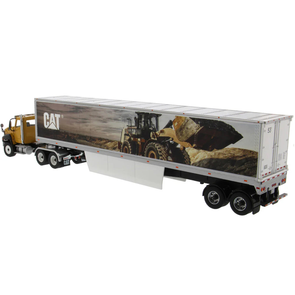 Model of a Caterpillar CT660 On-Highway Truck w/Dry Van Trailer "CAT Wheel Loader Mural" on a White background