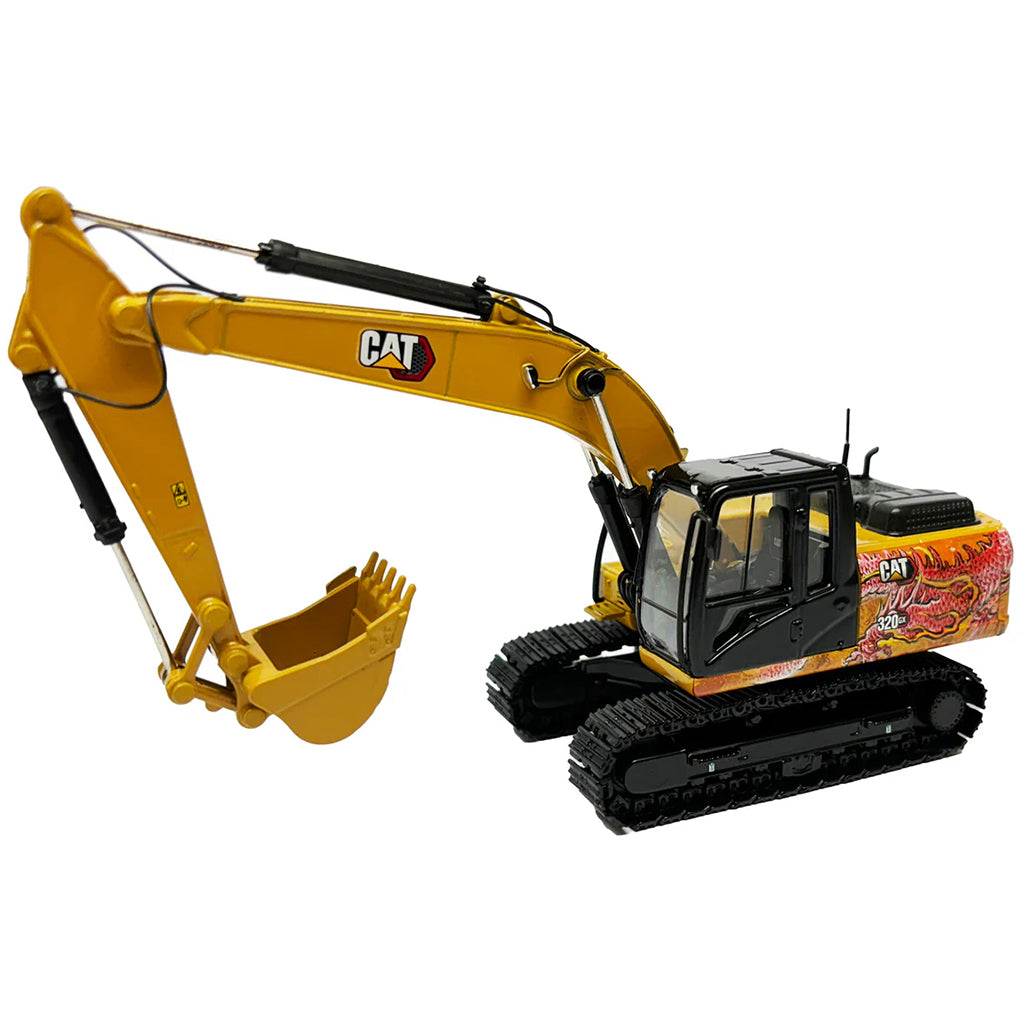 Model of a Caterpillar 320 GX Hydraulic Excavator with Special Dragon Totem design to celebrate the Chinese Year of the Dragon on a White Background