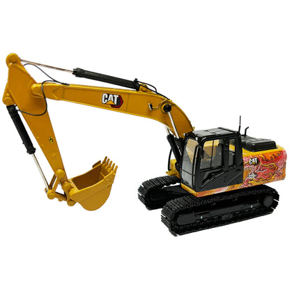 Model of a Caterpillar 320 GX Hydraulic Excavator with Special Dragon Totem design to celebrate the Chinese Year of the Dragon on a White Background