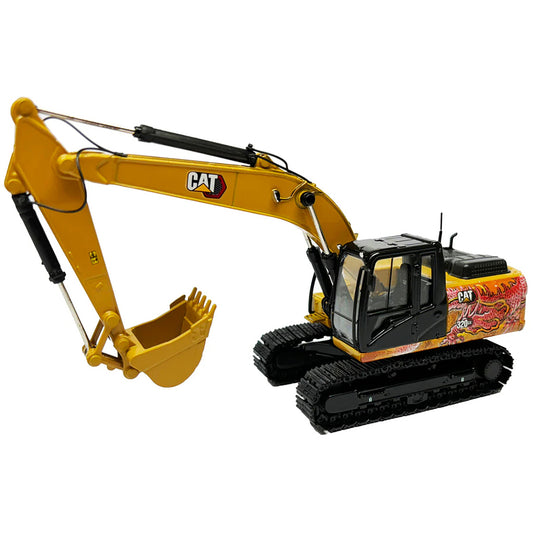 Model of a Caterpillar 320 GX Hydraulic Excavator with Special Dragon Totem design to celebrate the Chinese Year of the Dragon on a White Background