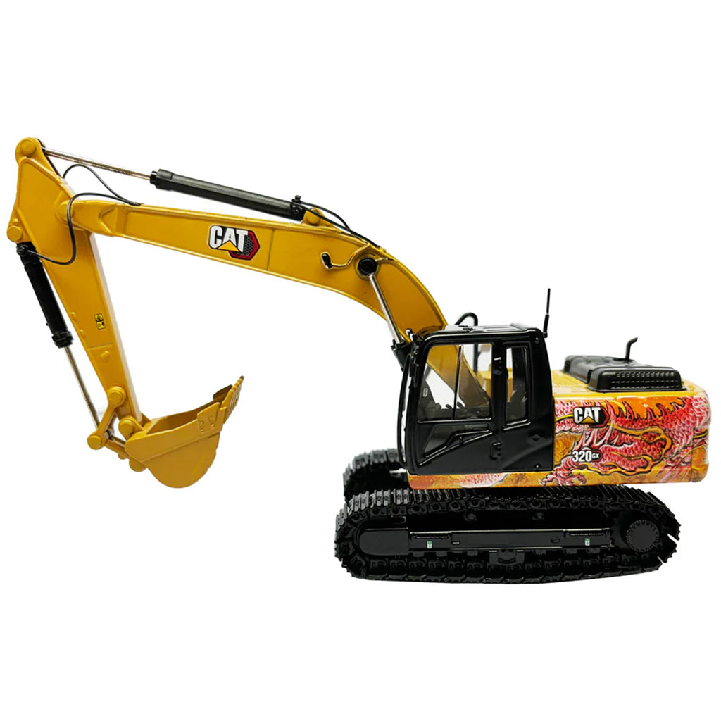Model of a Caterpillar 320 GX Hydraulic Excavator with Special Dragon Totem design to celebrate the Chinese Year of the Dragon on a White Background