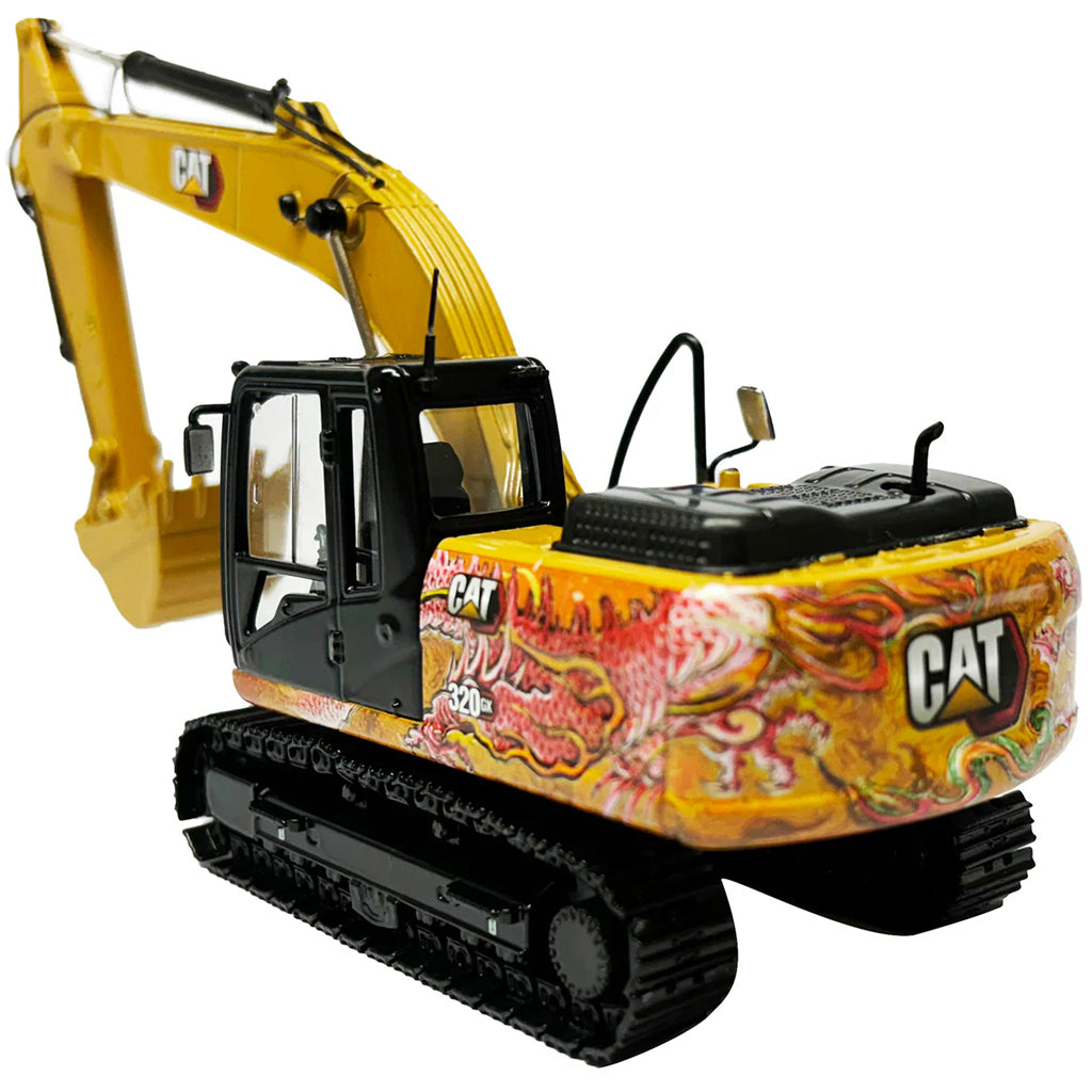 Model of a Caterpillar 320 GX Hydraulic Excavator with Special Dragon Totem design to celebrate the Chinese Year of the Dragon on a White Background