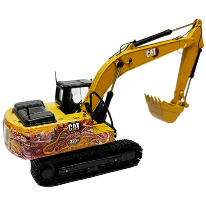 Model of a Caterpillar 320 GX Hydraulic Excavator with Special Dragon Totem design to celebrate the Chinese Year of the Dragon on a White Background