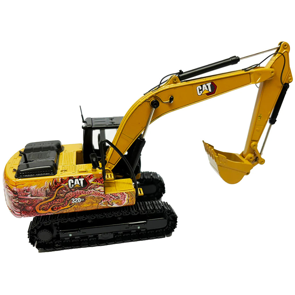 Model of a Caterpillar 320 GX Hydraulic Excavator with Special Dragon Totem design to celebrate the Chinese Year of the Dragon on a White Background