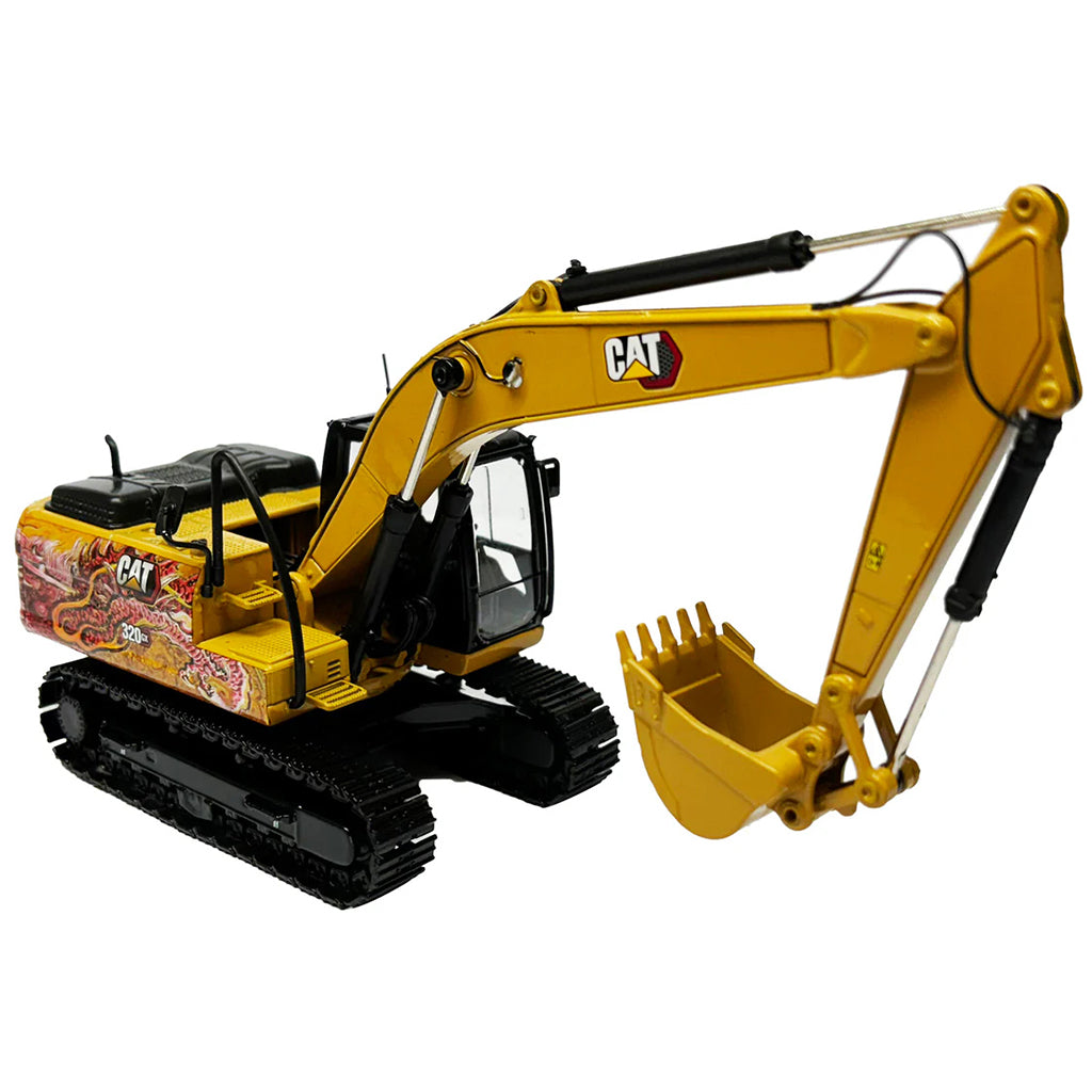 Model of a Caterpillar 320 GX Hydraulic Excavator with Special Dragon Totem design to celebrate the Chinese Year of the Dragon on a White Background