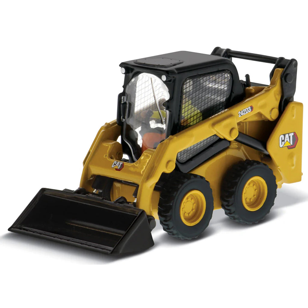 Model of a Yellow and Black Caterpillar 242D3 Skid Steer Loader on a White Background