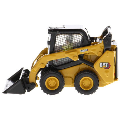 Model of a Yellow and Black Caterpillar 242D3 Skid Steer Loader on a White Background