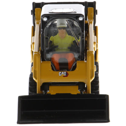 Model of a Yellow and Black Caterpillar 242D3 Skid Steer Loader on a White Background