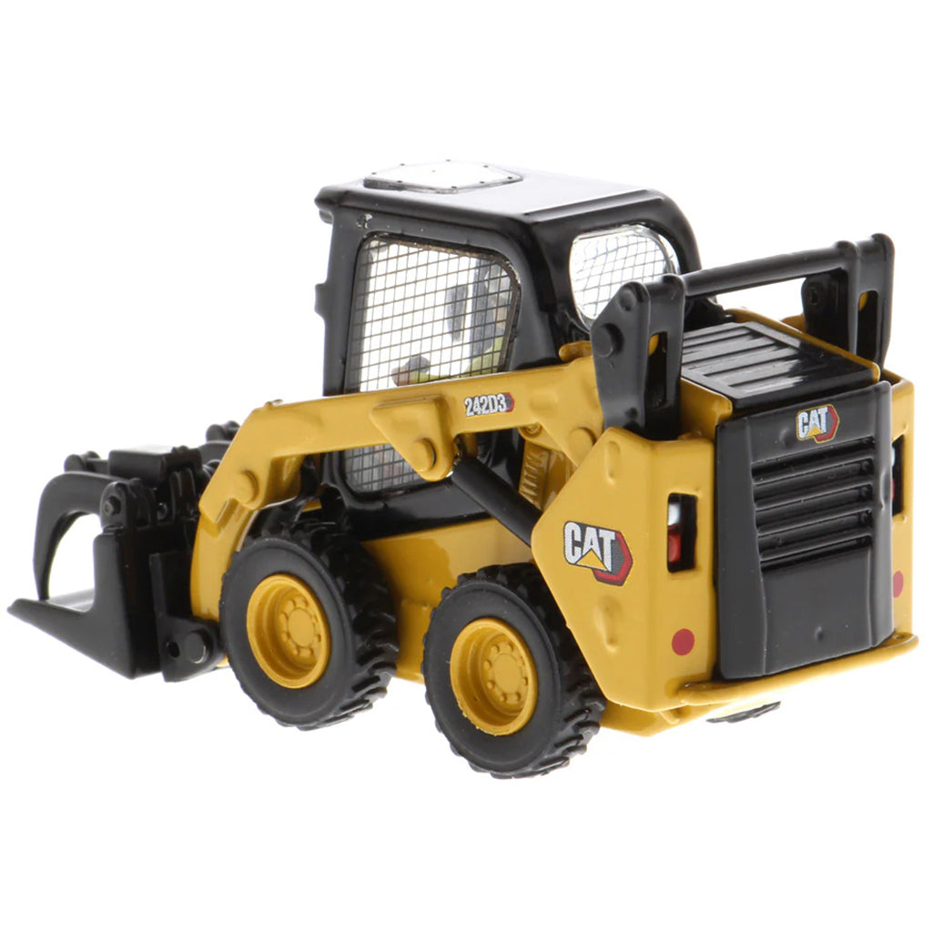 Model of a Yellow and Black Caterpillar 242D3 Skid Steer Loader on a White Background