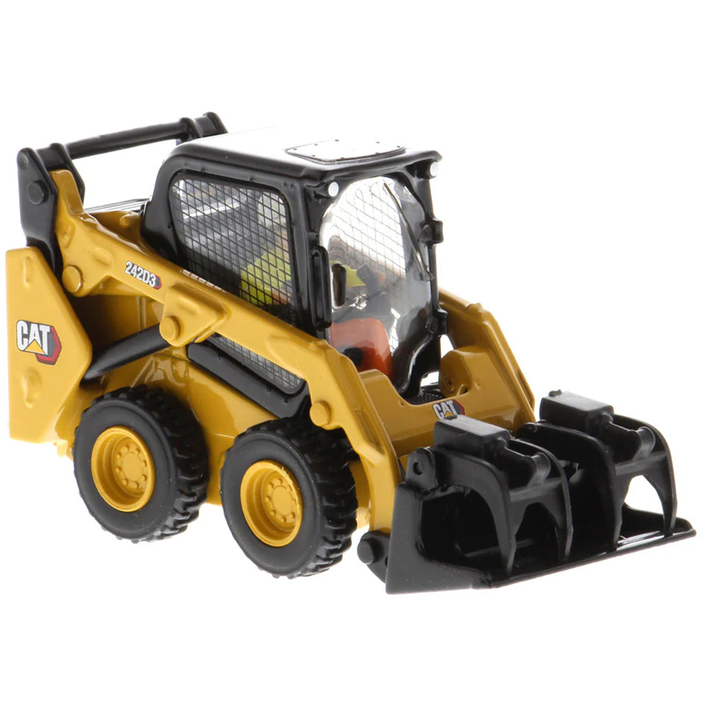 Model of a Yellow and Black Caterpillar 242D3 Skid Steer Loader on a White Background