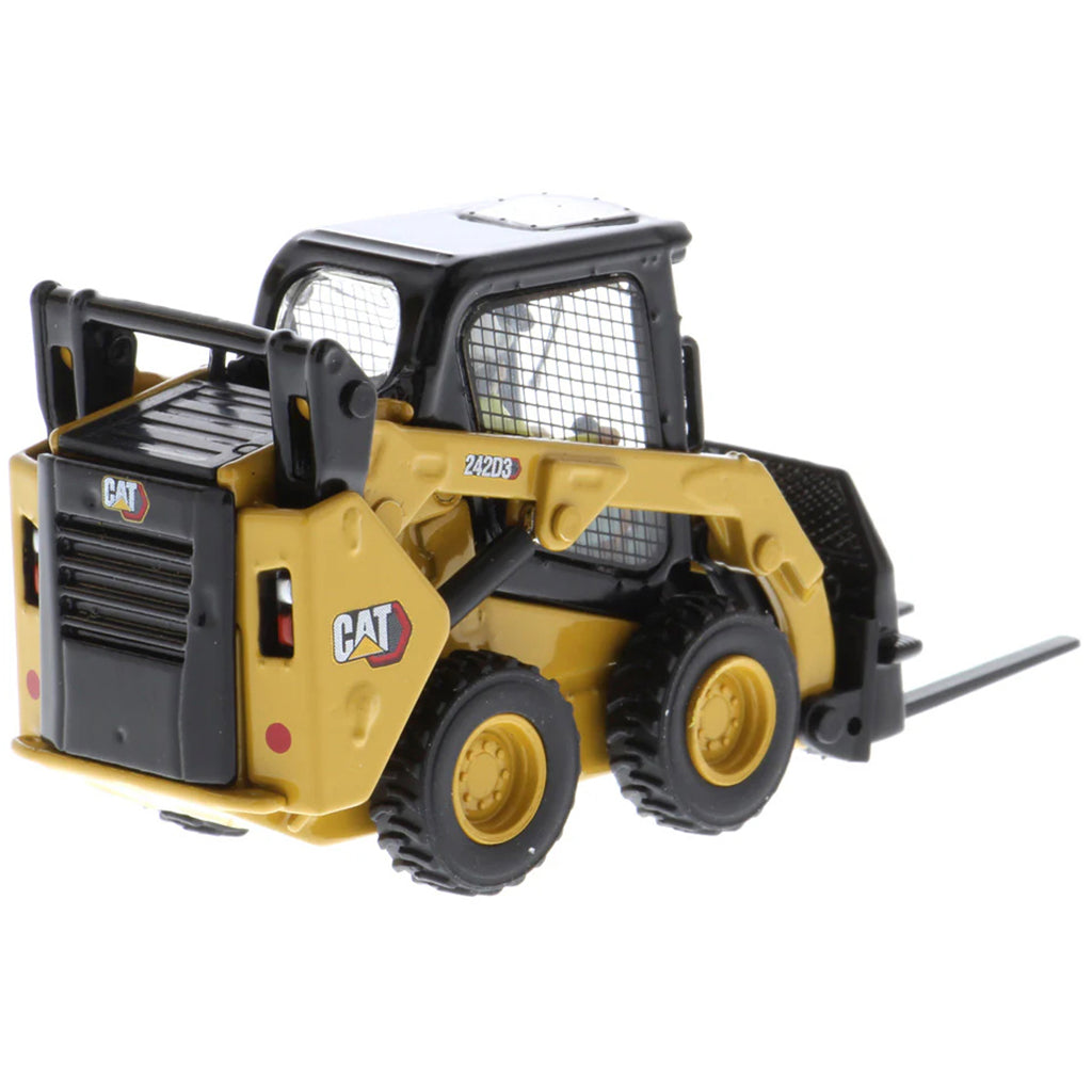 Model of a Yellow and Black Caterpillar 242D3 Skid Steer Loader on a White Background