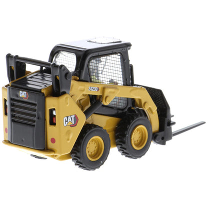 Model of a Yellow and Black Caterpillar 242D3 Skid Steer Loader on a White Background