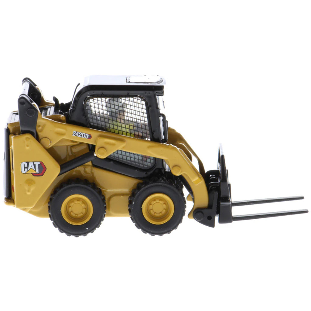 Model of a Yellow and Black Caterpillar 242D3 Skid Steer Loader on a White Background