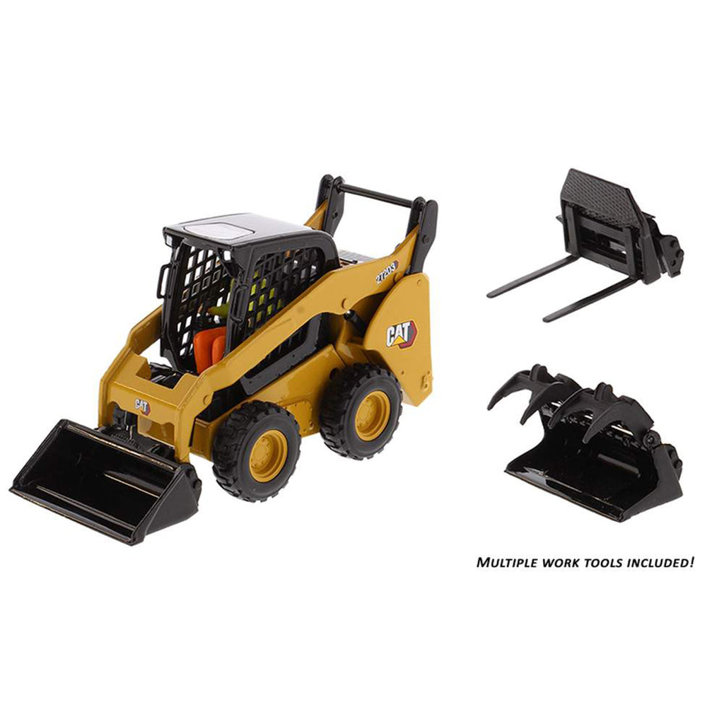 Model of a Caterpillar 272D3 Skid Steer Loader with Pallet Fork and Grapple Bucket Attachments on a White Background