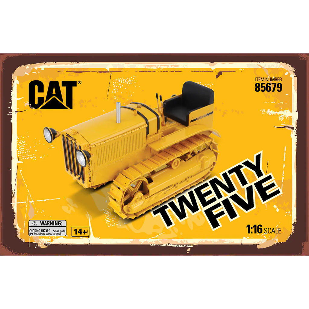 Model of a CAT Machine Yellow Caterpillar Twenty-Five Crawler Tractor with Headlights in Packaging on a White Background