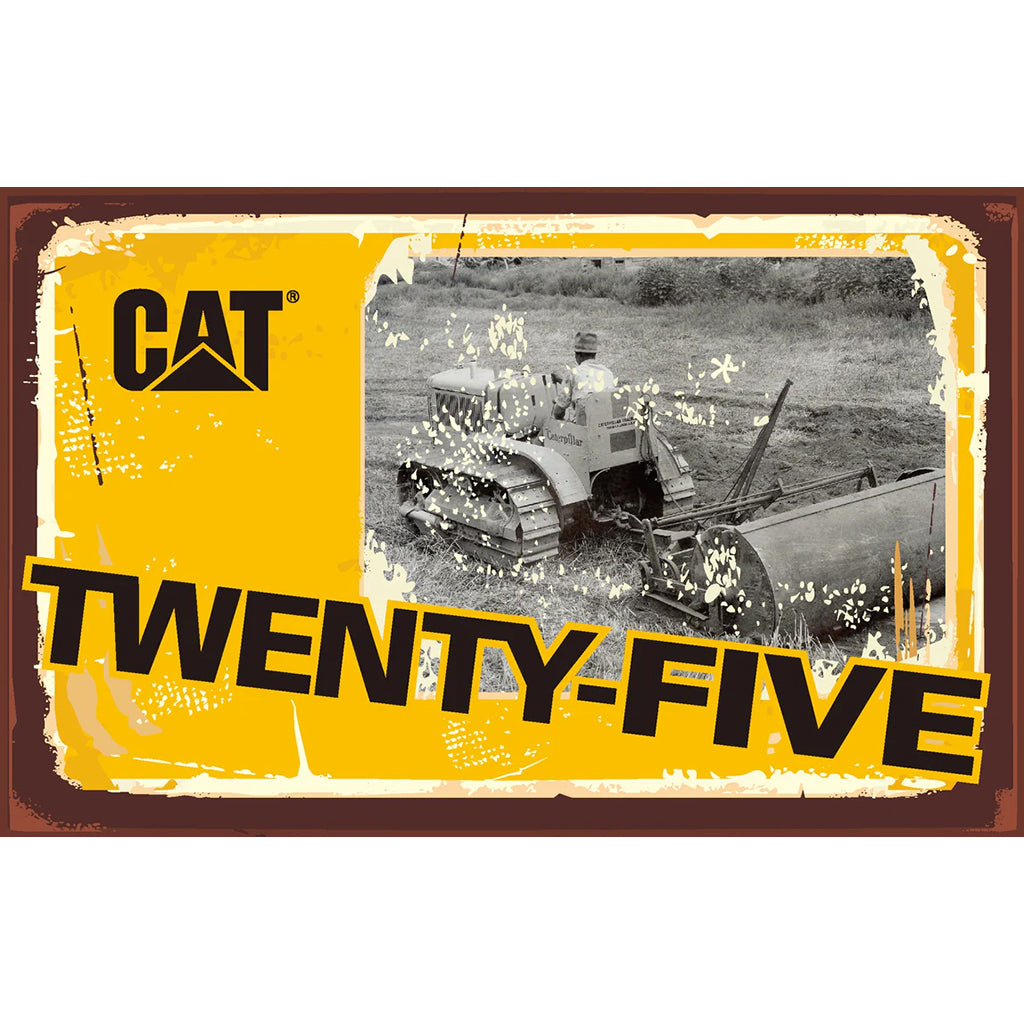 Model of a CAT Machine Yellow Caterpillar Twenty-Five Crawler Tractor with Headlights in Packaging on a White Background