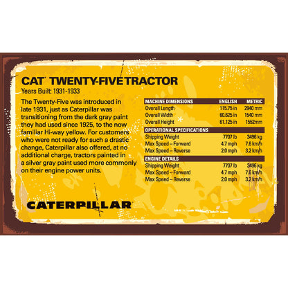 Caterpillar Twenty-Five Tractor informational card with text and specifications on a yellow background.