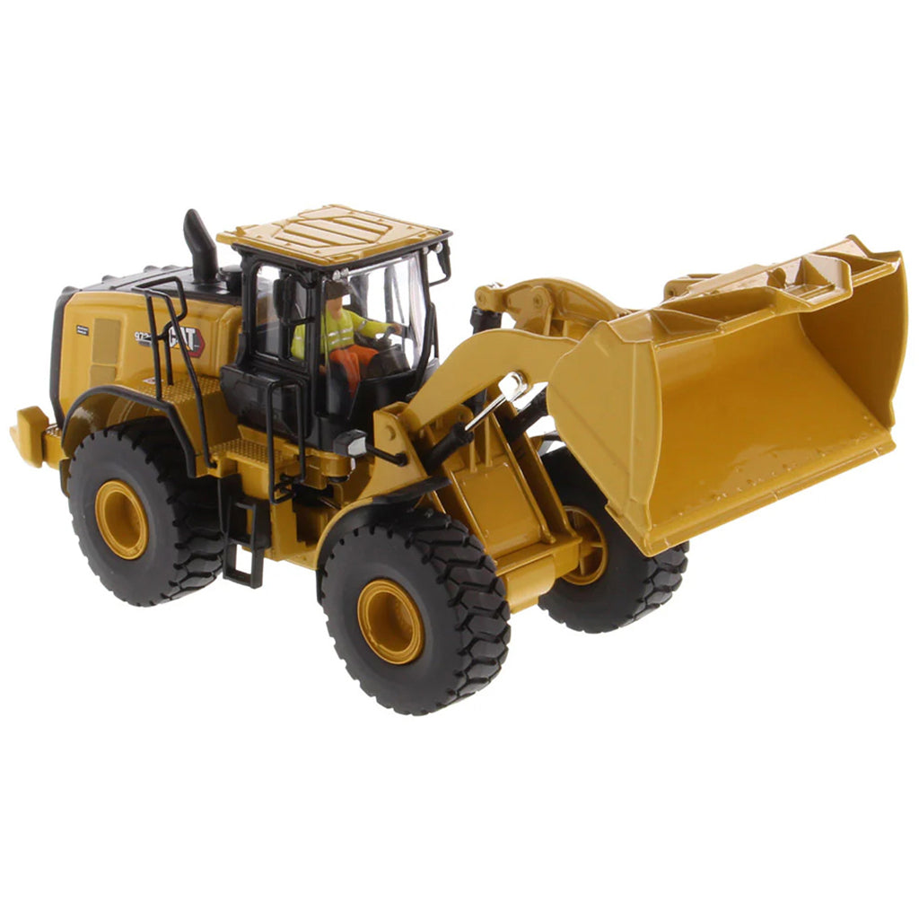 Model of a Yellow Caterpillar 972XE Wheel Loader on a White Background