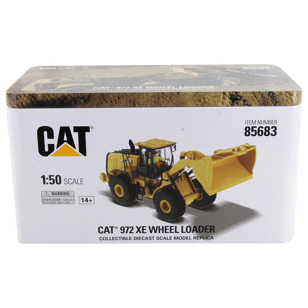 Boxed CAT 972 XE Wheel Loader model on a white background