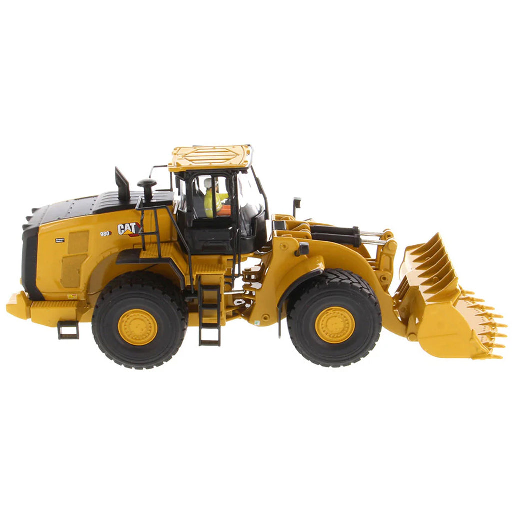 Model of a Yellow Caterpillar 980 Wheel Loader on a White Background