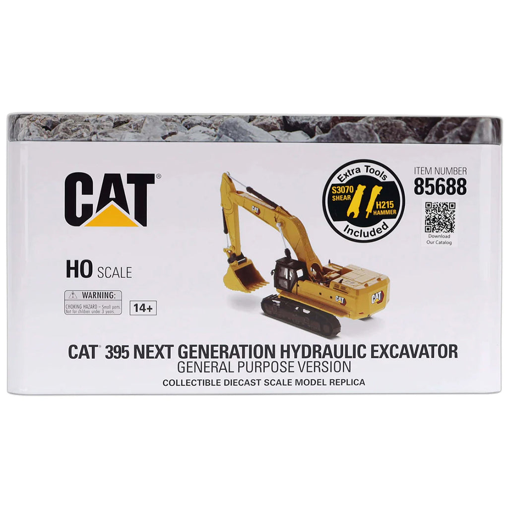 Box packaging of a CAT 395 Next Generation Hydraulic Excavator model on a white background