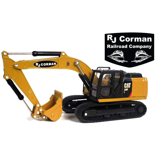 Model of a Caterpillar 320F L Hydraulic Excavator for RJ Corman Railroad Group on a White Background