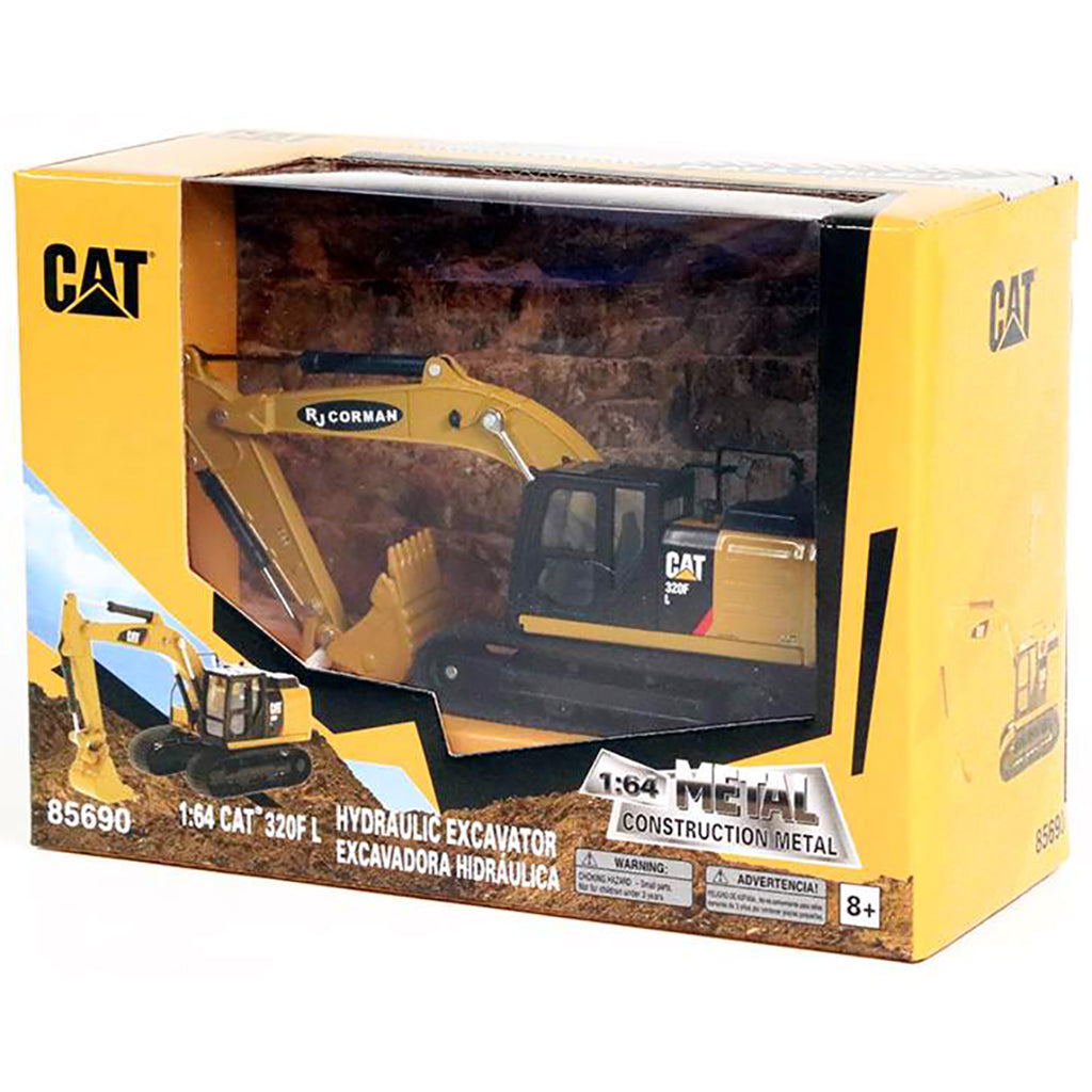 Model of a Caterpillar 320F L Hydraulic Excavator for RJ Corman Railroad Group on a White Background