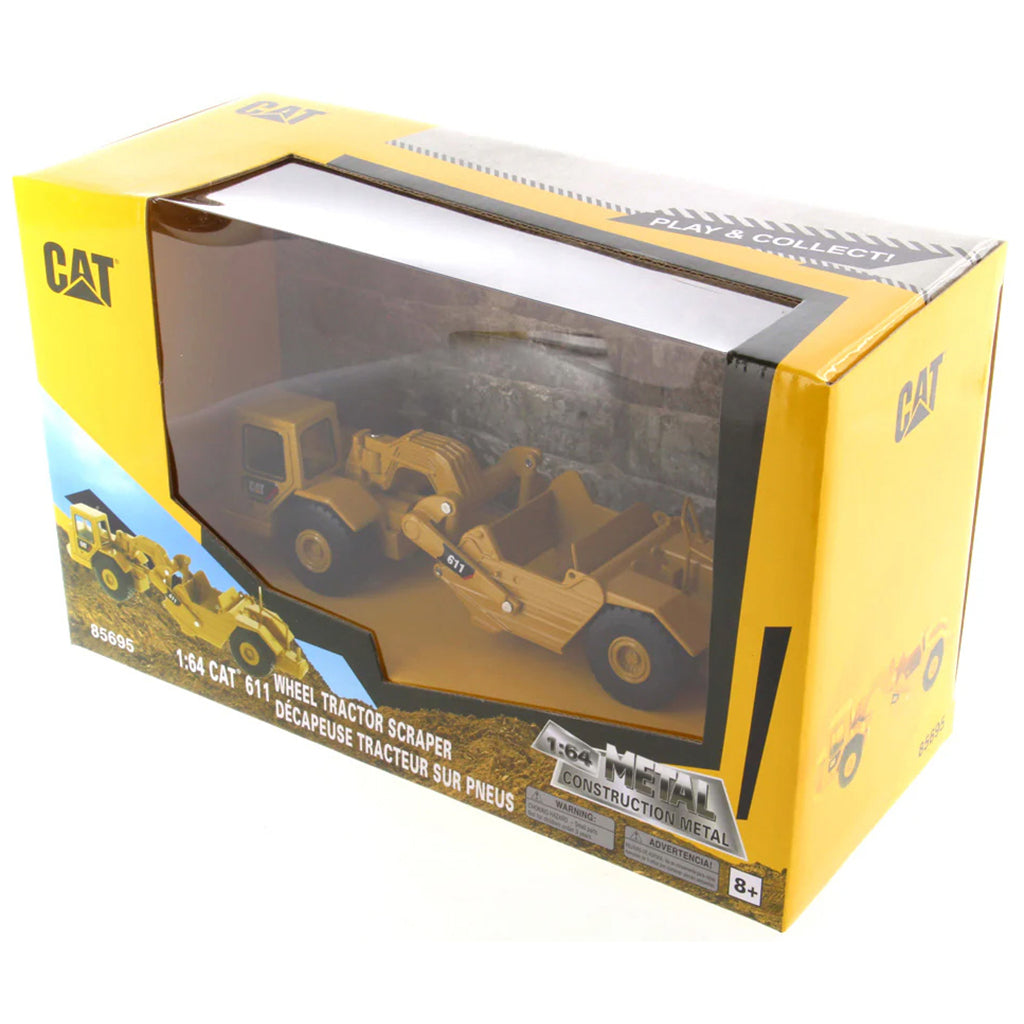 Model of a Caterpillar 611 Wheel Tractor Scraper in Cardboard Window Box Packaging on a White Background