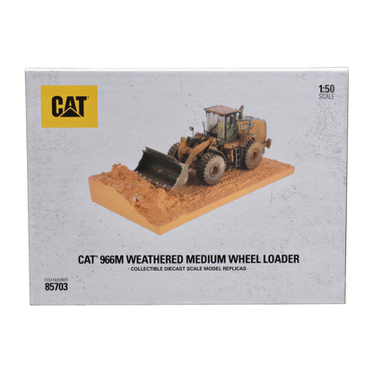 CAT 966M Weathered Medium Wheel Loader collectible diecast scale model replica box, 1:50 scale, on a white background.