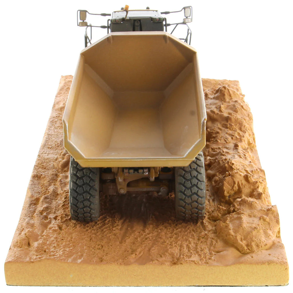 Model of Weathered Caterpillar 745 Articulated Dump Truck Mounted on a Simulated Dirt Road Base on a White Background
