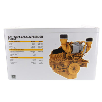 White product packaging box for a CAT CAT-3G316 gas compression engine, featuring a large yellow engine illustration and technical specifications printed on the side.