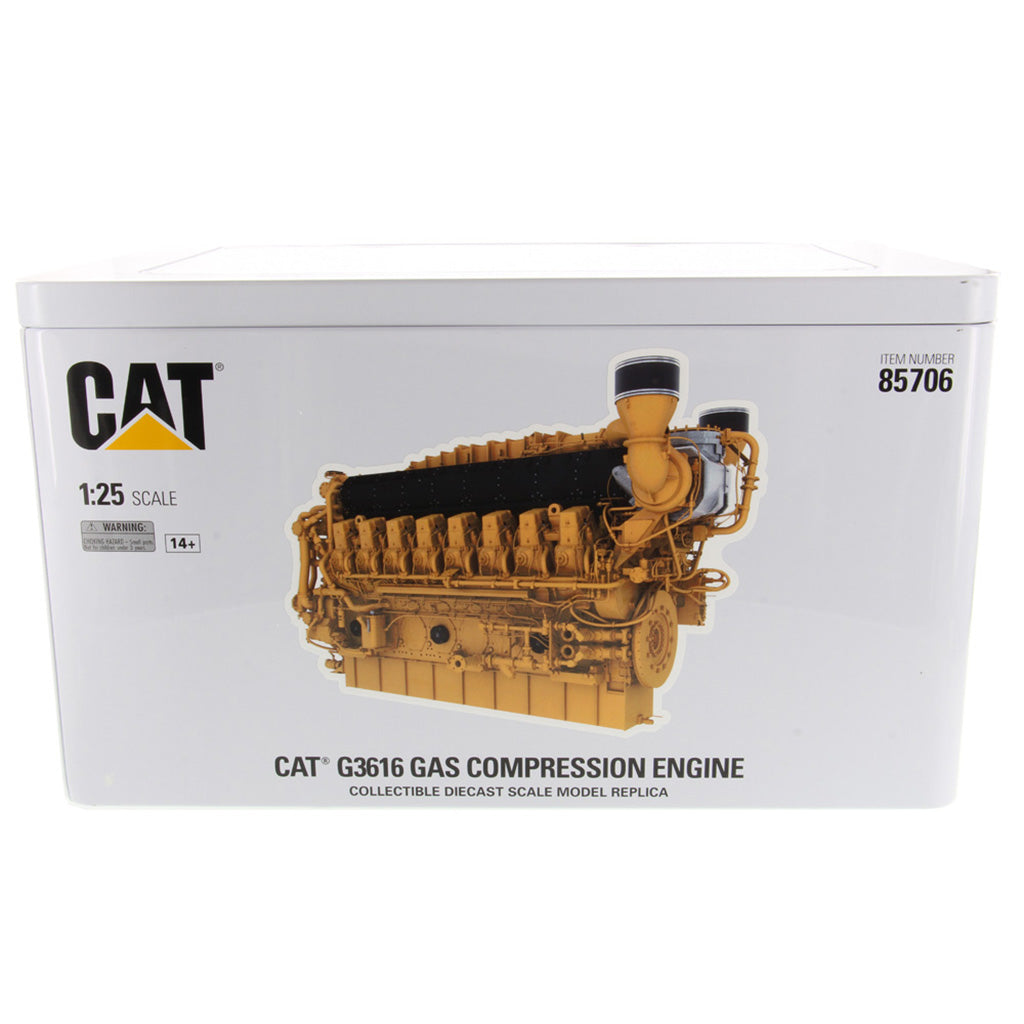 CAT G3616 Gas Compression Engine 1:25 scale model replica box, featuring a yellow CAT engine illustration on a white box.