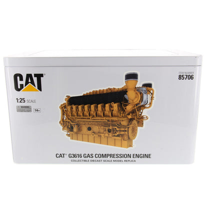 CAT G3616 Gas Compression Engine 1:25 scale model replica box, featuring a yellow CAT engine illustration on a white box.