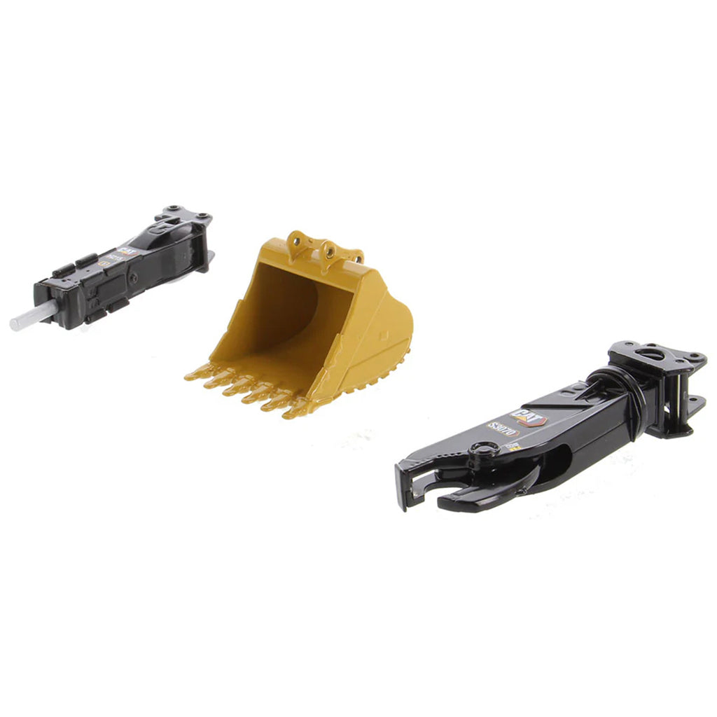 Model of a Caterpillar Excavator Bucket, Excavator Mounted Shear, and Excavator Mounted Hammer on a White Background