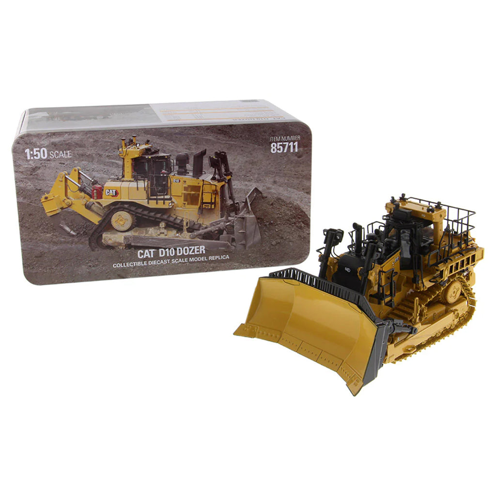 Model of a CAT D10 dozer with packaging on a white background